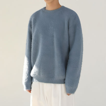 Mohair Solid Color Men's Sweater Winter Thick Round Neck