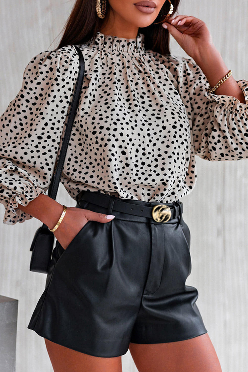 Khaki Frilled Neck 3/4 Sleeves Cheetah Blouse