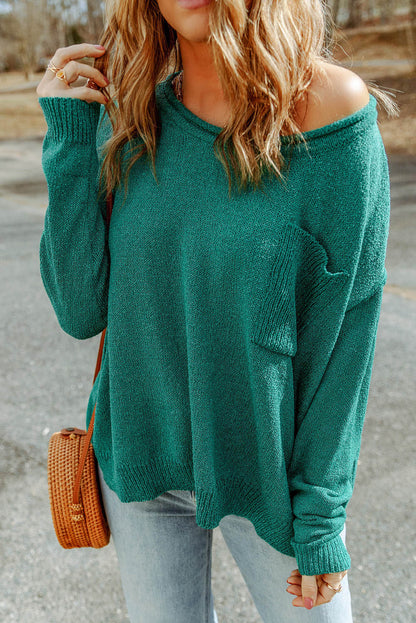 Groene effen kleur off-shoulder ribgebreide trui met zak