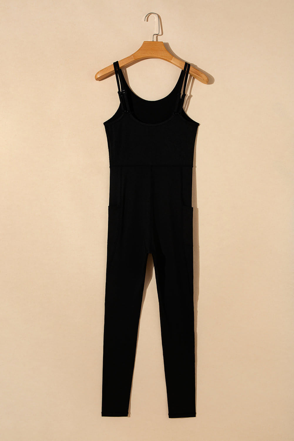 Black High Taille Backless Side Pockets Sports Jumpsuit