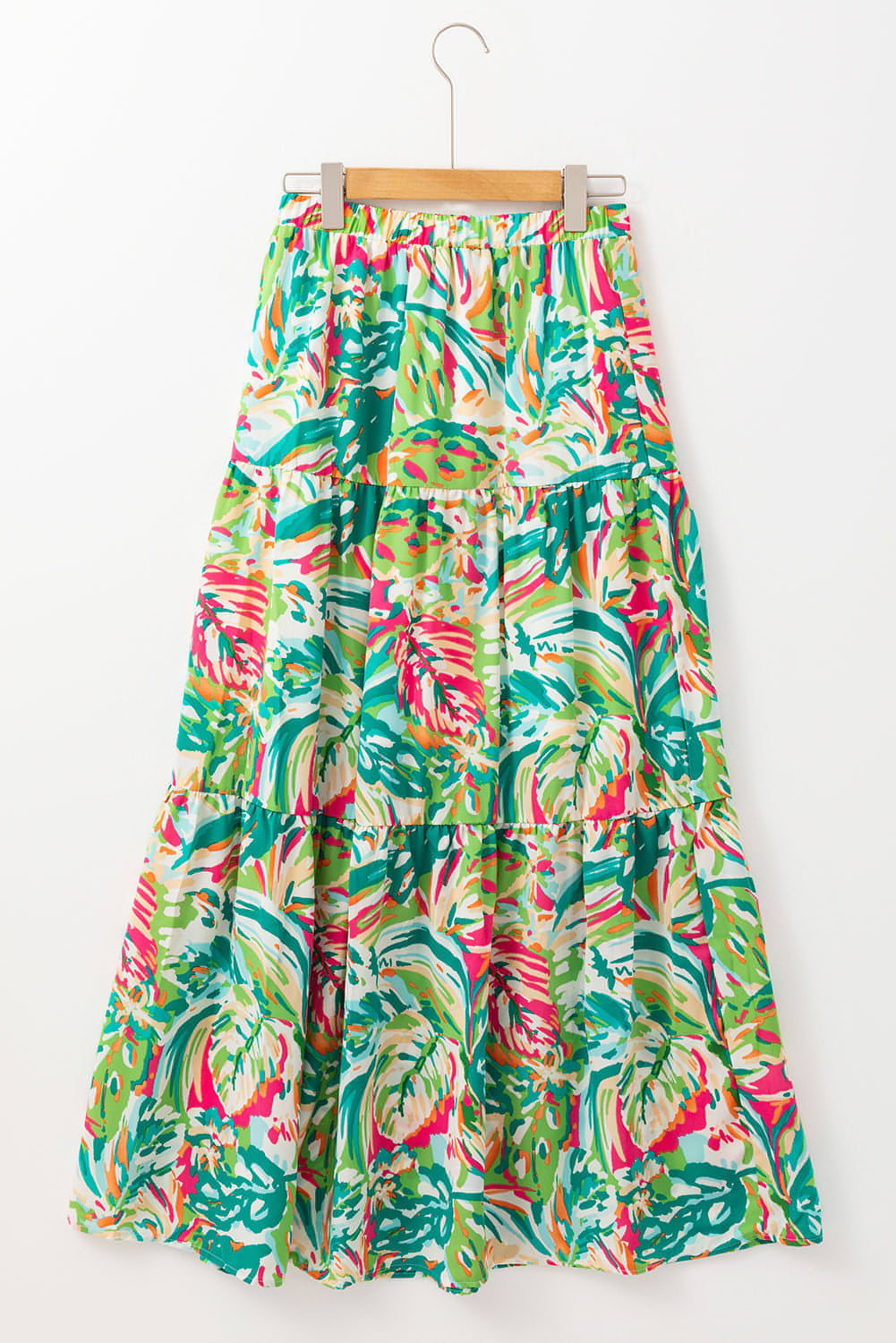 Green Abstract Printed High Waist Tiered Maxi Skirt