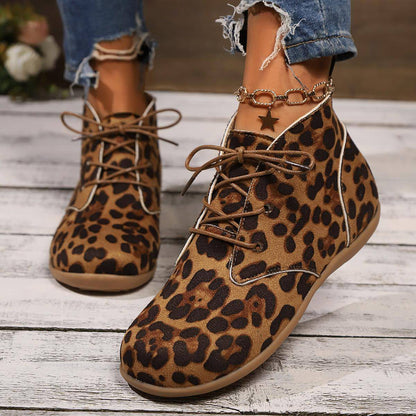 New Lace-up Flat Leopard Print Casual Boots Women