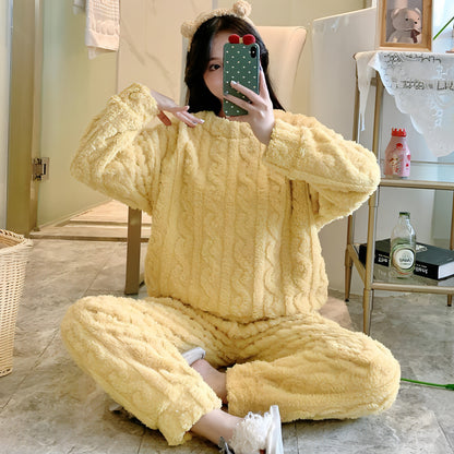 Thick Fleece Pajamas Women's Thermal Round-neck Flannel Homewear Suit