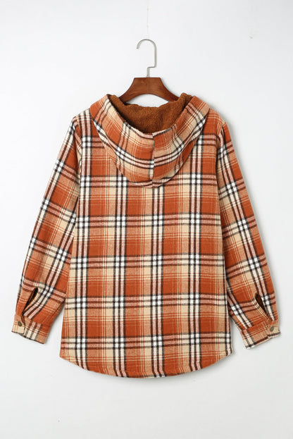 Orange Plaid Pattern Sherpa Lined Hooded Shacket