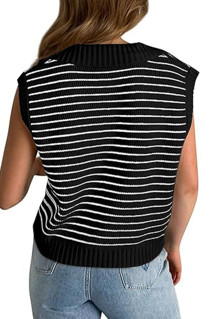 Black Stripe Turn-down V Neck Sweater Tank Top