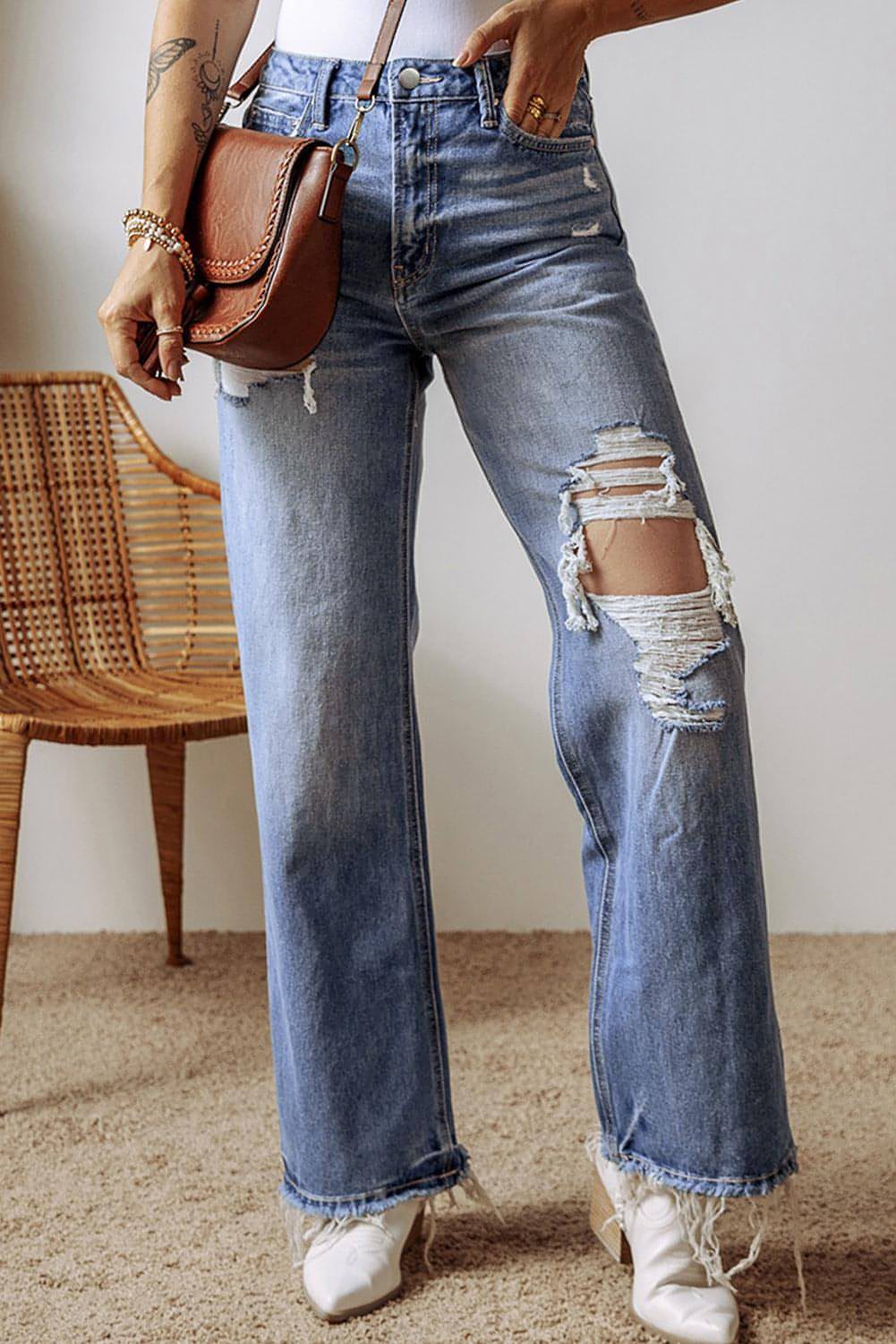 Ashleigh Blue Distressed Raw Hem traperice s visokim strukom ravnih nogu