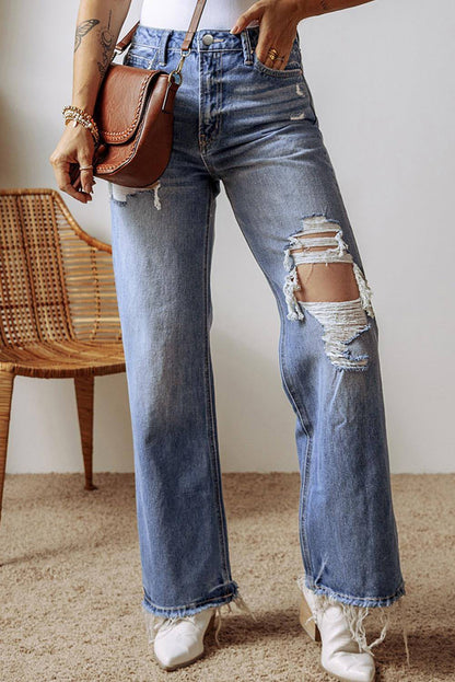 Ashleigh Blue Distressed Raw Hem traperice s visokim strukom ravnih nogu