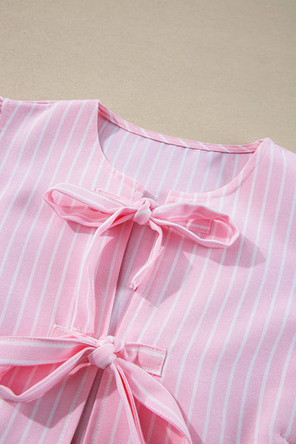 Pink Stripe Bowknot Front Crew Neck Puff Sleeve Bluse