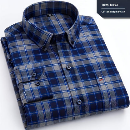 Cotton Long-sleeved DressShirt Plaid Business Slim Fit