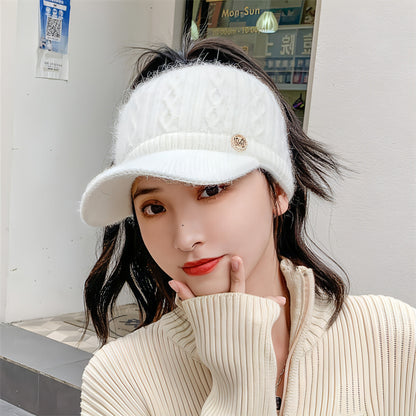 Autumn And Winter Korean Style Versatile Knitted Rabbit Fur Knitted Hat Fleece-lined Thick Warm Earflaps Peaked Cap