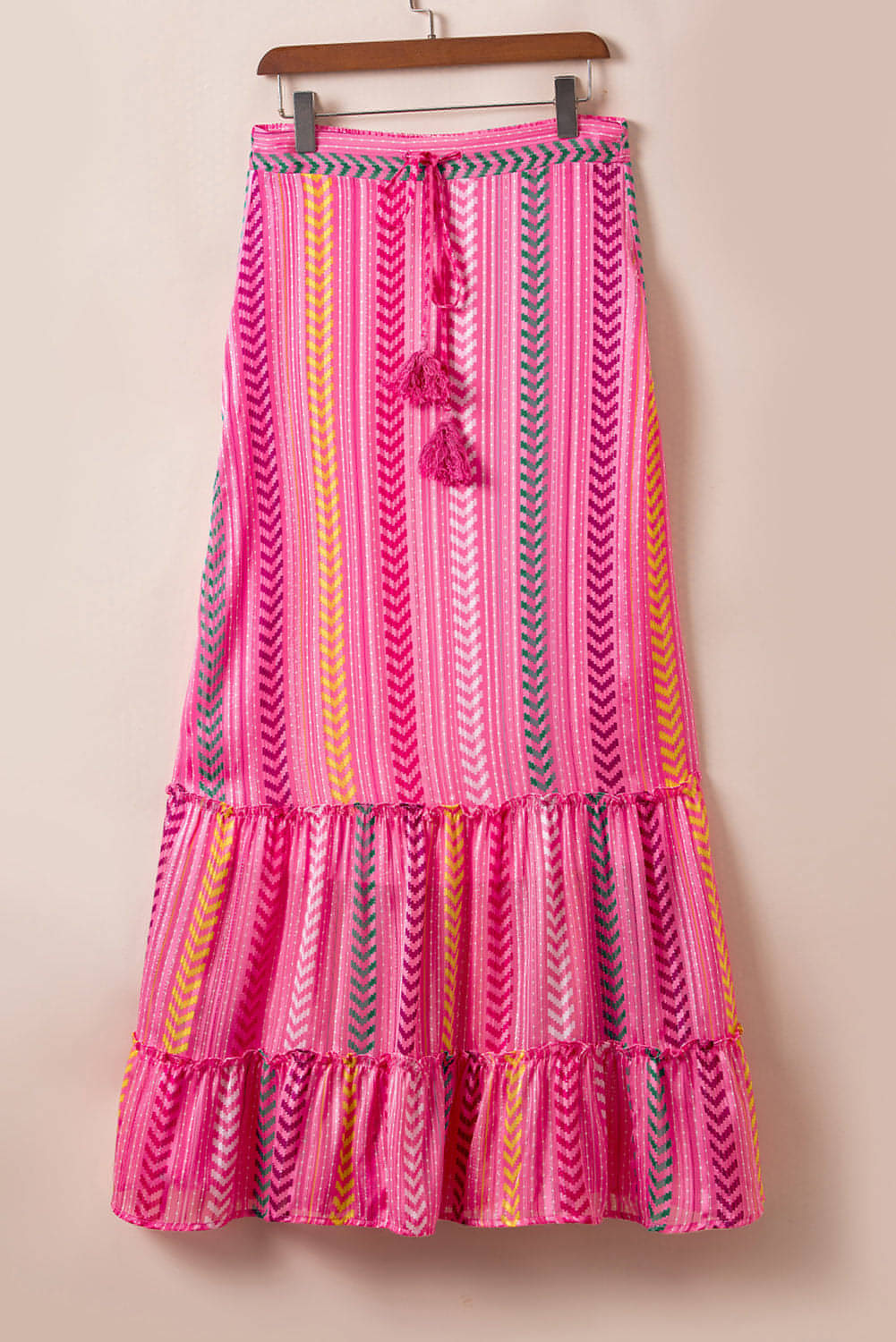 Roze boho bedrukte kwastige trekkoord gegolfd maxi rok