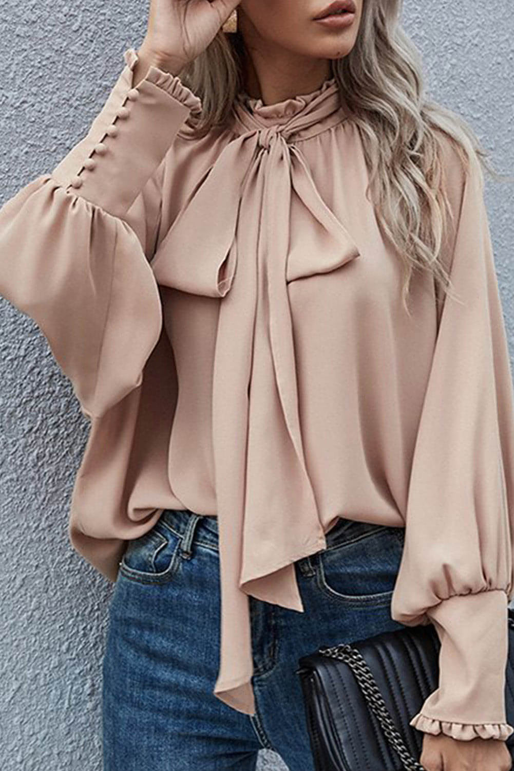 Khaki Frilled Knotted Mock Neck Bishop Sleeve Bluse