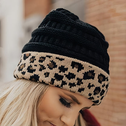 Ladies Autumn Winter Leopard Print Cuffed Acrylic Knitted Hat