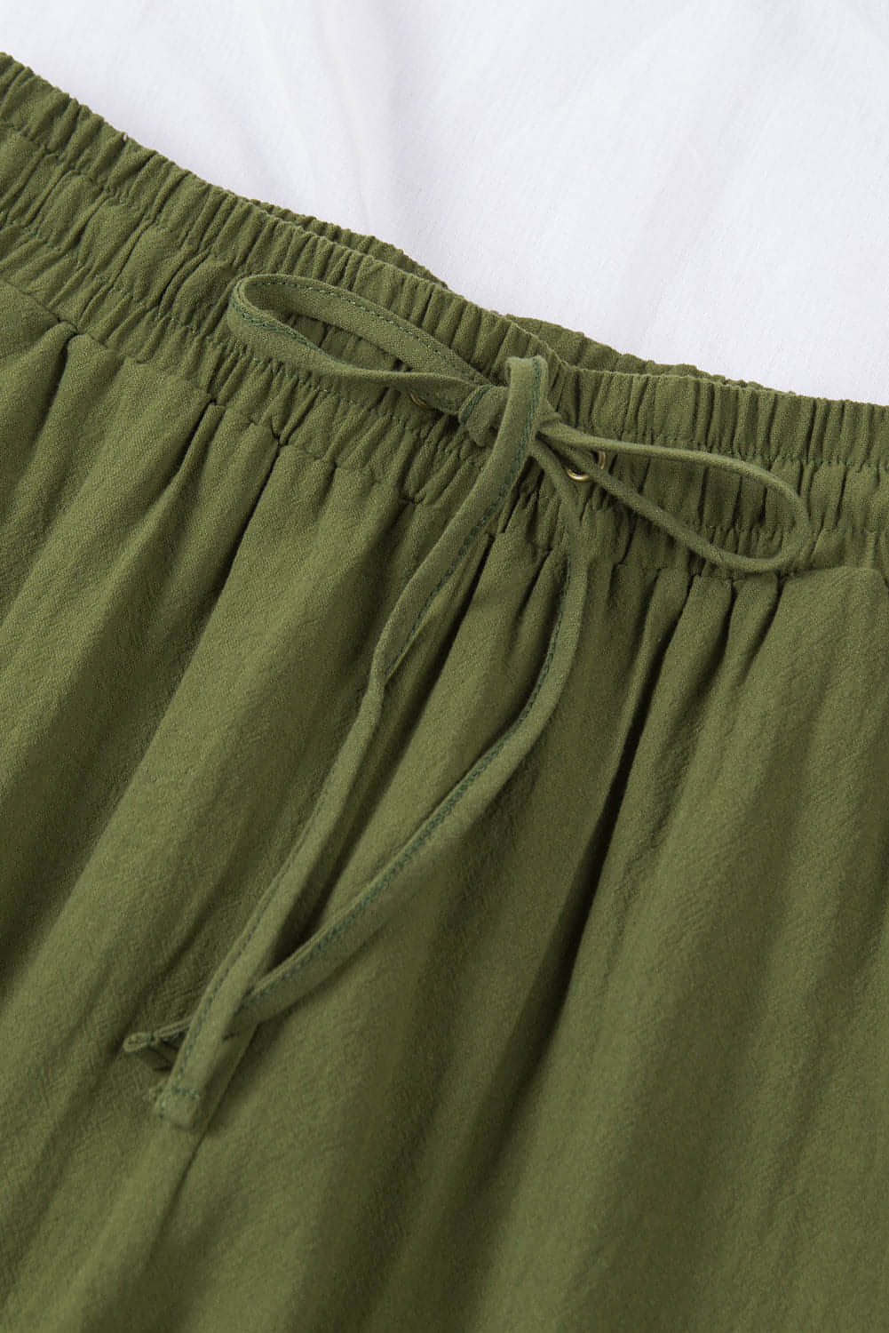 Green Drawstring Elastic Waist Pockets Long Straight Legs Pants