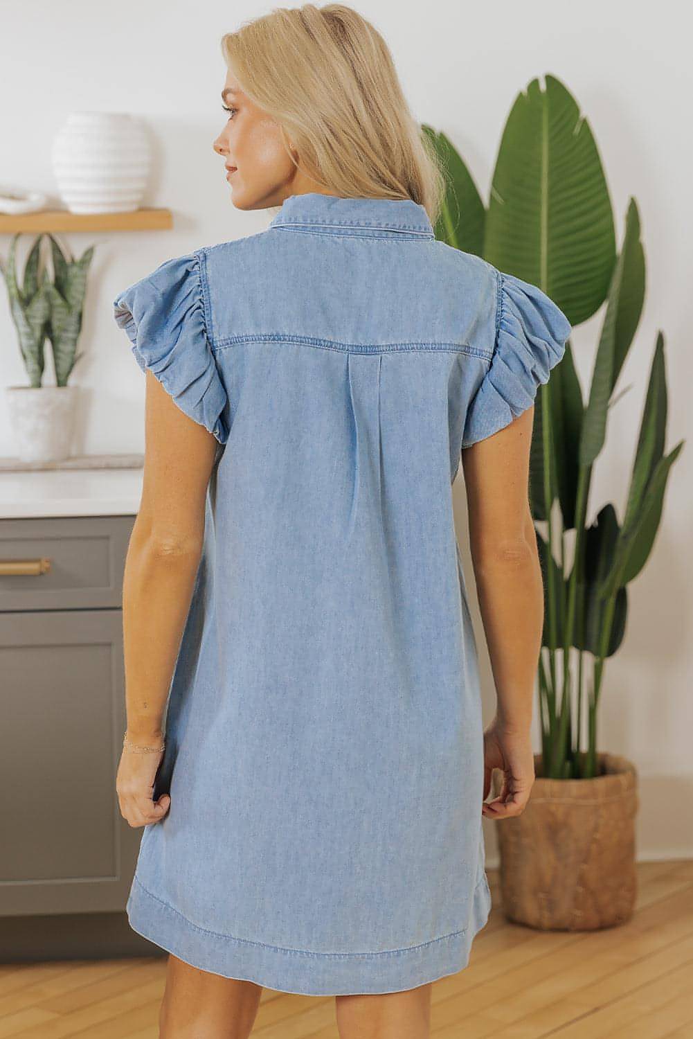 Beau Blue Flutter Sleeve Shirred Detail Button Up farmer mini ruha