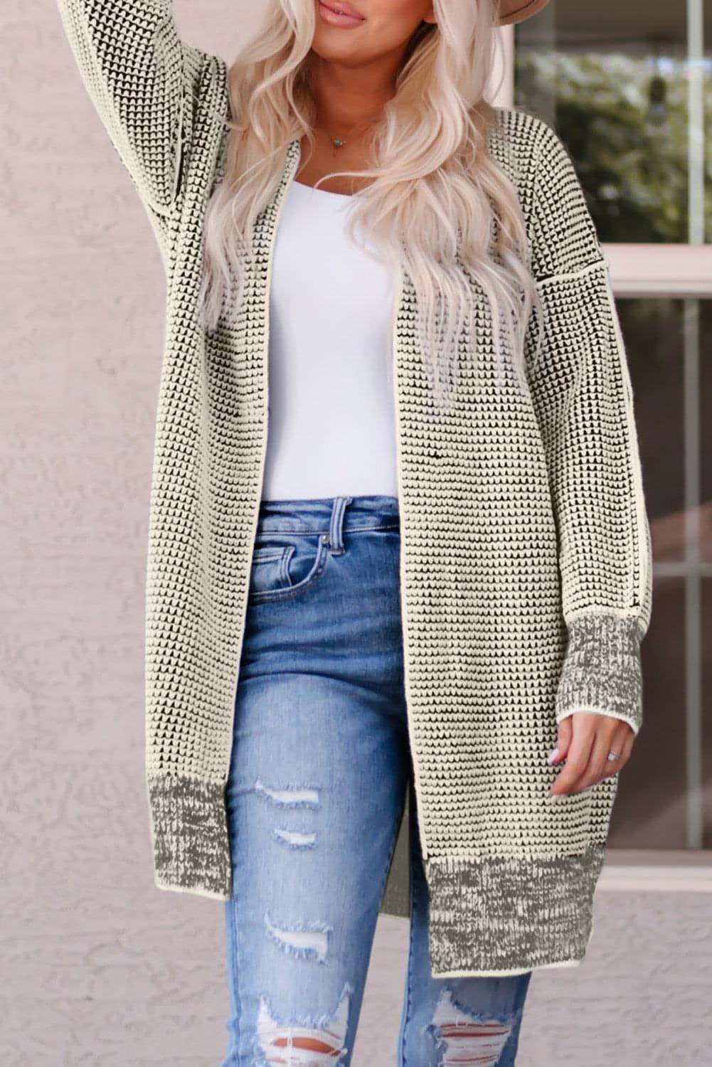 Aprikospläden stickad lång öppen front cardigan