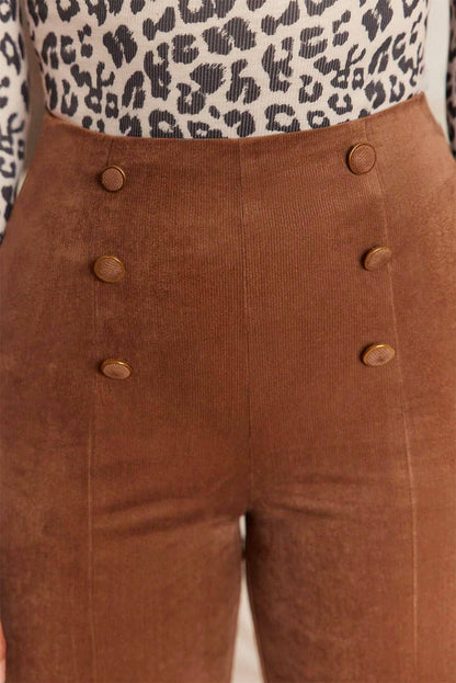 Chestnut Solid Color Double Breasted Straight Leg Pants