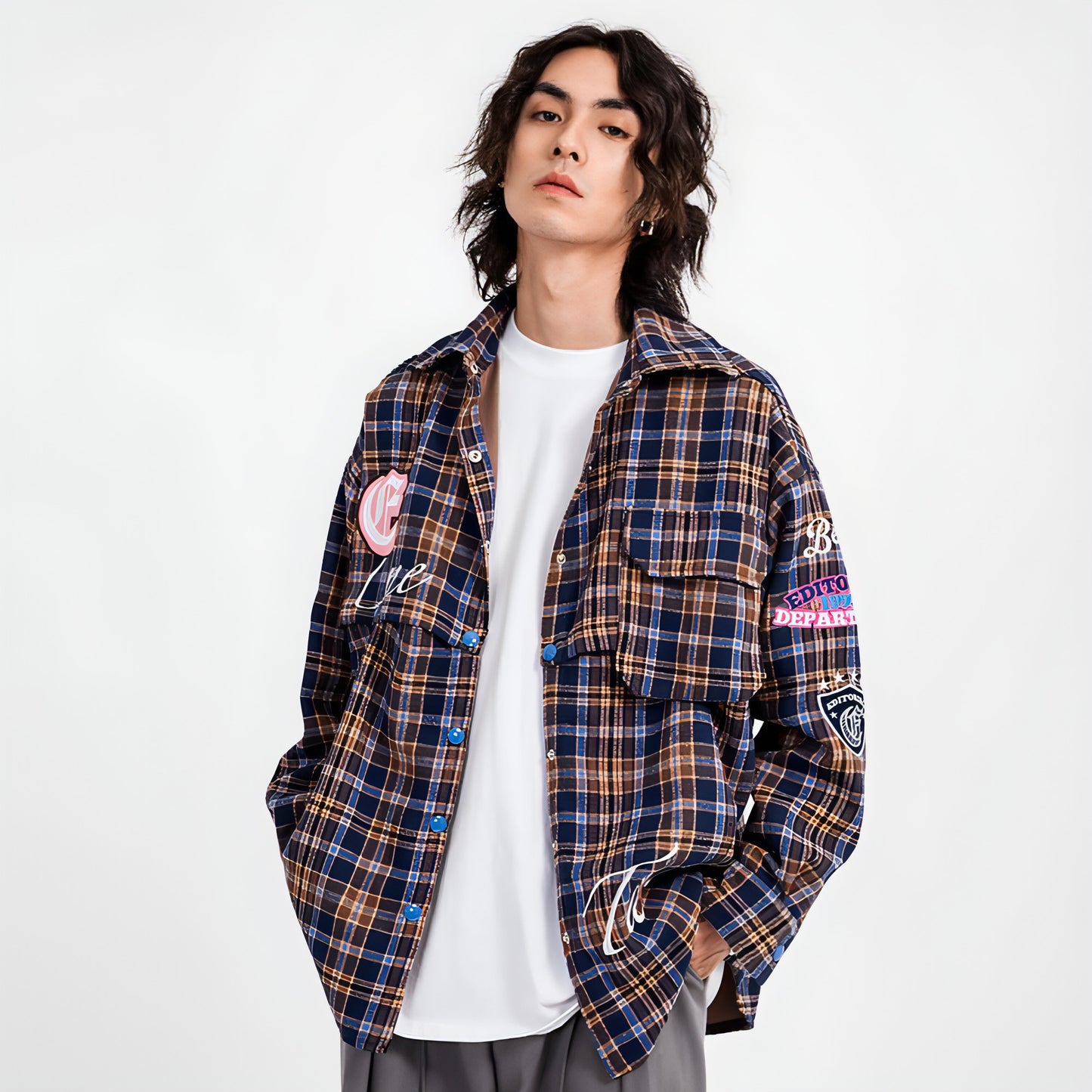 Camisa de vestir de manga larga a cuadros de marca de moda, abrigo, chaqueta para hombres y mujeres