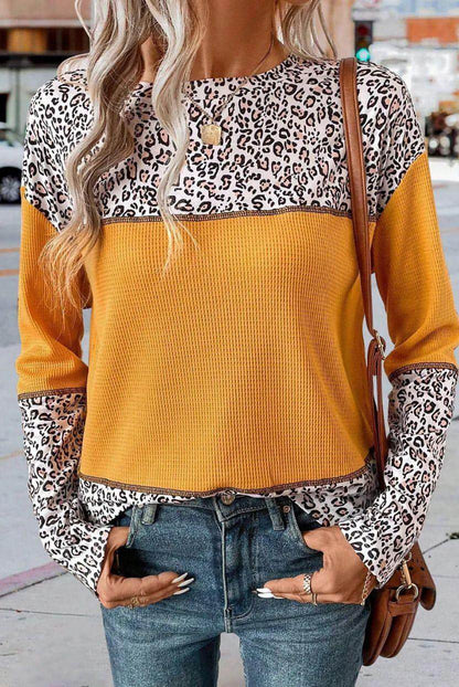 Women Round Neck Leopard Splicing Waffle Sweater