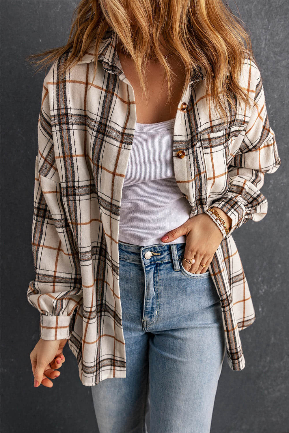 Wit oversized plaidpatroon Shacket met spleten