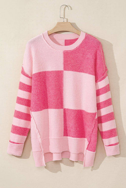 Pink Checkered Colorblock Striped High Low Loose Sweater