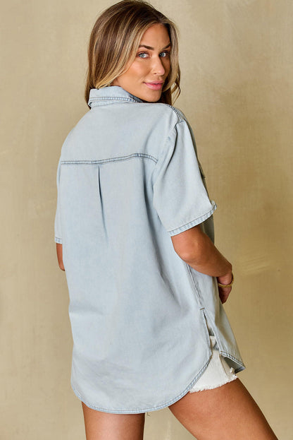 Mist Blue Vintage Light Wash Flap Lommer Avrundet Hem skjorte