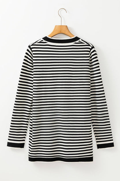 Black Stripe Gumb z dolgimi rokavi Up Tunic Cardigan