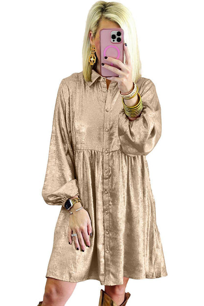 Apricot Metallic Sheen manga de puff button up Mini Shirt Dress