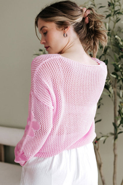 Light Pink Big Flower Hollowed Knit Drop Shoulder Sweater