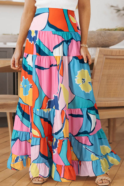 Pink Printed Pocketed High Waist Maxi Skirt