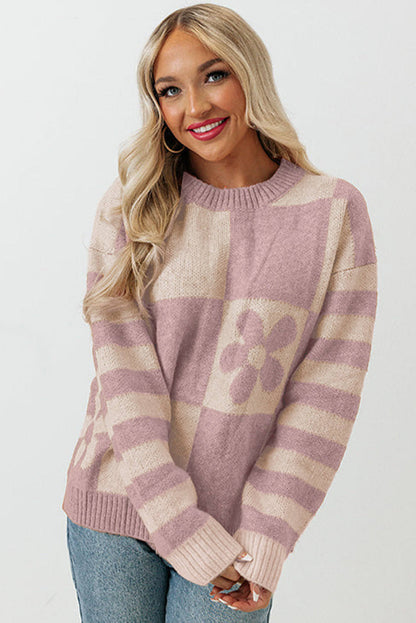 Orchid Petal Checkered Floral Print Striped Sleeve Sweater