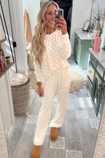 Beige geruite print met lange mouwen top en broek lounge set