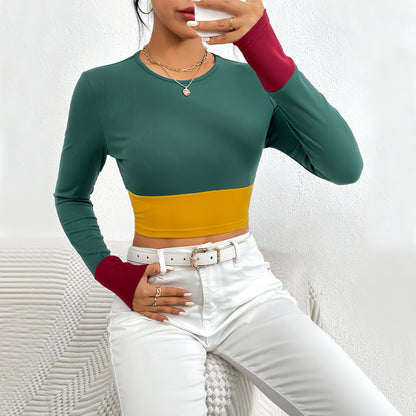 Slim Fit O-neck Short Stitching Long Sleeve T-shirt Women