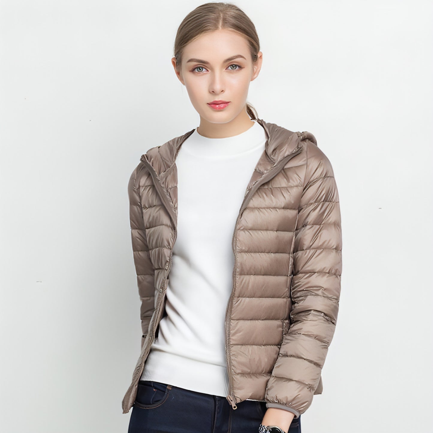 Chaqueta ligera de plumas para mujer, corta, con capucha y muy ligera