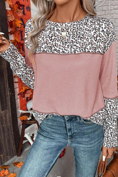 Women Round Neck Leopard Splicing Waffle Sweater