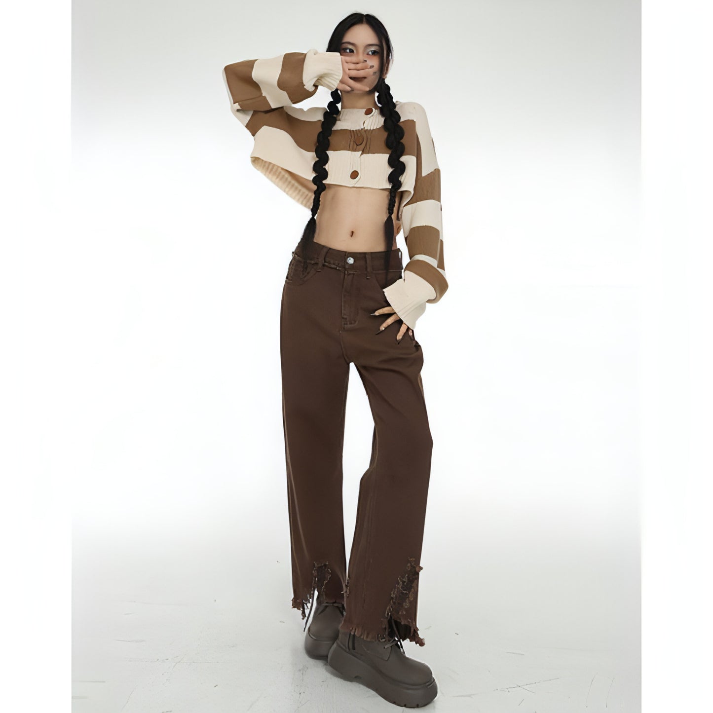 Coffee Colored Distressed Cropped Jeans For Women