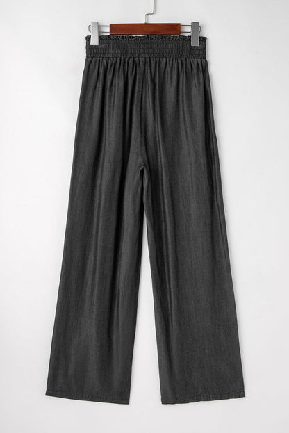 Black Side Pockets Frilled Smocked High Waist Wide Leg Jeans