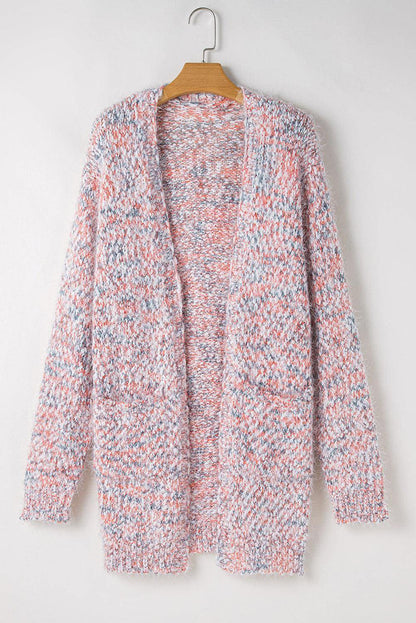 Rosafarbene, mehrfarbige Konfetti-Strickjacke mit offener Vorderseite