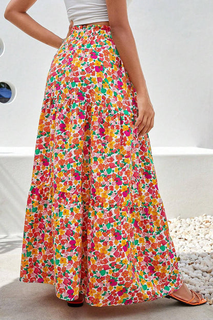 Gele Boho bloemenprint gelaagde lange rok