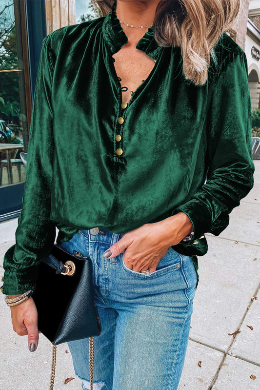 Green Blackish Green Frohilled Blotoned Front Velvet Top