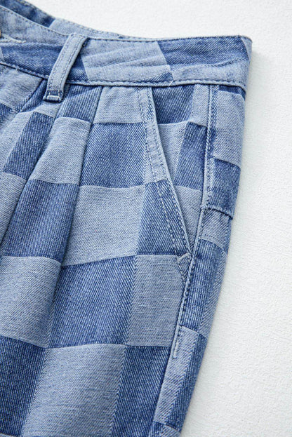 Dusk Blue Checkered Denim Wide Leg Jeans