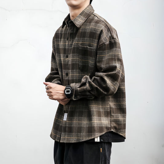 Autumn Winter Retro Sanding Padded Plaid DressShirt Men