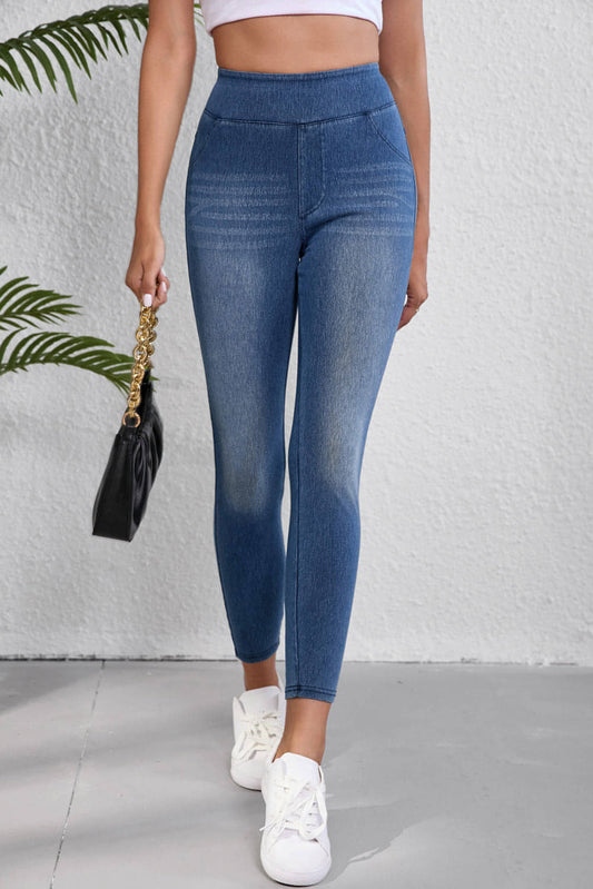 Navy Blue Skinny Elastic Pas dolžina dolžine srednjega pasu z žepi