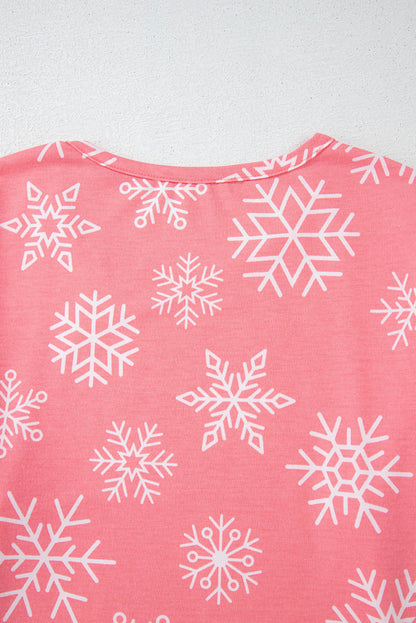 Roze kerstsneeuwvlok print tweedelige loungewear