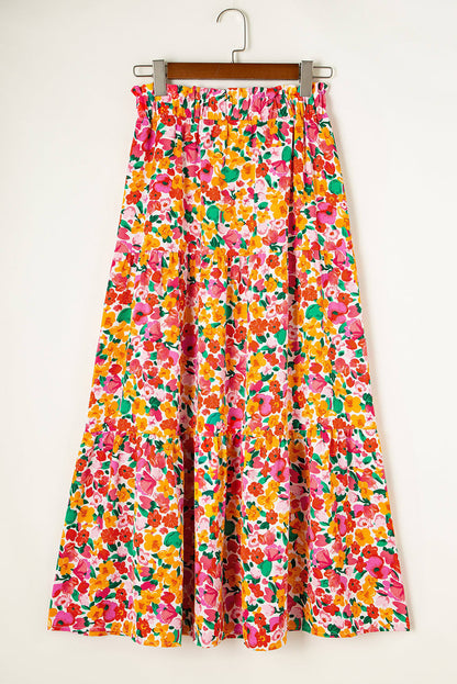 Gele Boho bloemenprint gelaagde lange rok