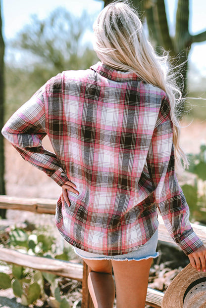 Pink Plaid Flap Pocket -knapp Up Shacket