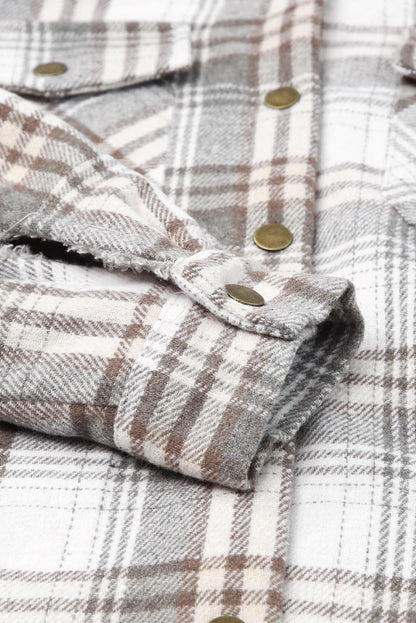 Gray Plaid Pattern Sherpa Lined Hooded Shacket