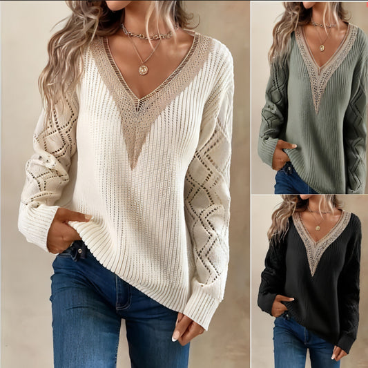 Sweater de decote em V da primavera e outono, novas mulheres casuais soltas