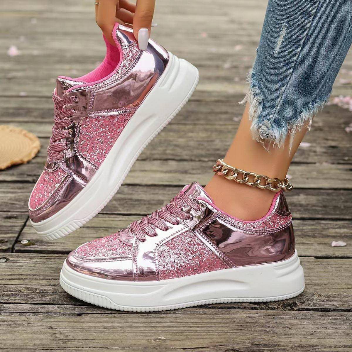 Zapatos planos con cordones de moda con diseño de lentejuelas, zapatos deportivos casuales con punta redonda y suela gruesa para mujer, zapatillas antideslizantes para caminar