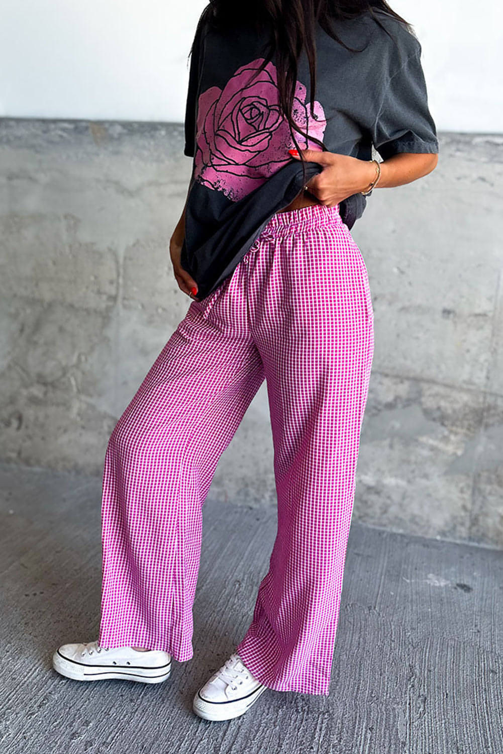 Pink Plaid Print Drawess High Taille Wide Bein Casual Hosen